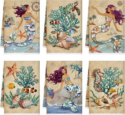6 Pcs Mermaid Kitchen Towels, 24 X 16 Inches, Sea Ocean Themed Dish Towels - Image 1 of 4