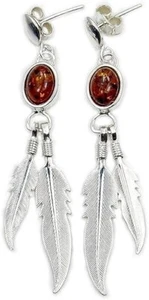 Natural Baltic Amber & Sterling Silver Feather Dangle Earrings - Picture 1 of 4