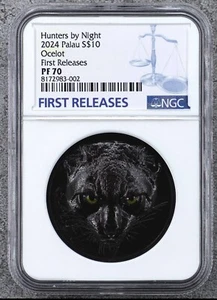 NGC PF70 2024 Palau $10 2oz Silver Coin Hunters by Night - Ocelot Black Proof - Picture 1 of 2