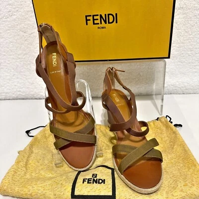 Fendi Wedge Cross Strap Sandal - Leather and canvas with zip back -sz 41 (US 11) - Image 1 of 4