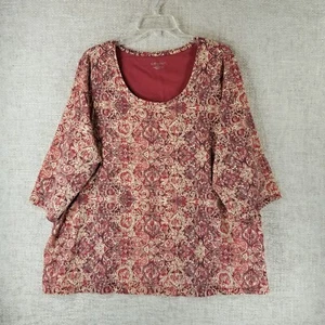 Catherines Stretch Cotton Shirt Round Neck Women's 2X Red Floral - Picture 1 of 10