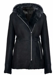 Ladies Black Snowtip Merino Shearling Sheepskin Hooded Duffle Coat - Picture 1 of 5