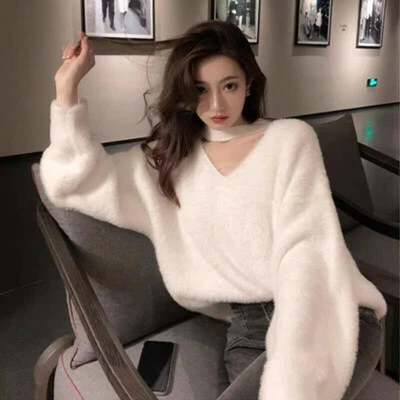 Damen Kunst Mohair Pullover Schlüsselloch Flauschig Strick Gestrickt Top - Bild 1 von 4