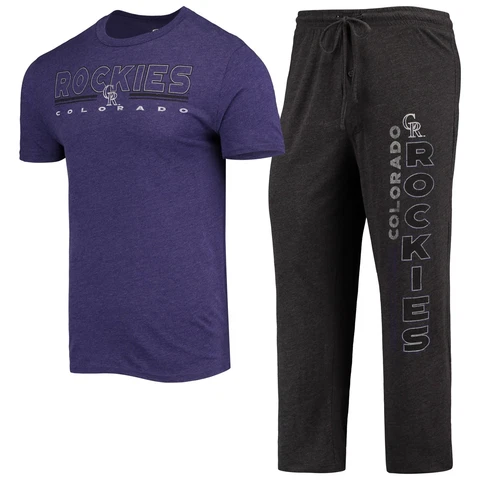 Men's Concepts Sport Purple/Black Colorado Rockies Meter T-Shirt and Pants Sleep Cover