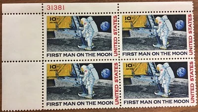 4 block "First Man on the Moon" 10¢ postage stamps.  MNH.  Scott #C76 - Image 1 of 4