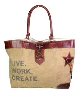 LARGE Mona B BEIGE COTTON BROWN LEATHER TRIM TOTE CARRY ON SHOULDER BAG HANDBAG - Picture 1 of 16