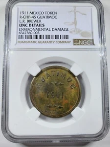 Mexico 1911  Guatimoc L.R Brewer Token, Brass. NGC UNC DETAILS  - Picture 1 of 4