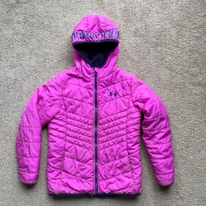 Under Armour Jacket Girls Large Full Zip Pink Puffer Pockets Polyester - Picture 1 of 12