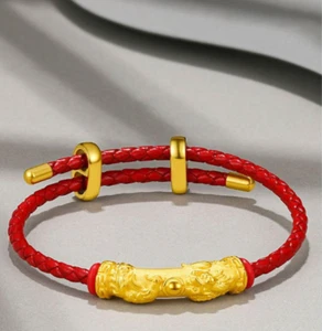 1PC Pure 24K Yellow Gold Men Women Lucky 3D Fu 福 Elbow Tube Pendant Bracelet - Picture 1 of 7