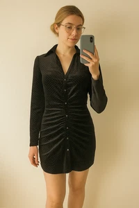 ZARA Black Velvet Ruched Mini Shirt Dress S UK 8 Sparkle Spot Party - Picture 1 of 10
