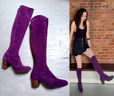 VTG 60s 70s 💜 PURPLE Over Knee GOGO US 7 💜 UK 4.5-5 MOD OTK Suede Hippie Boots - Image 1 of 4