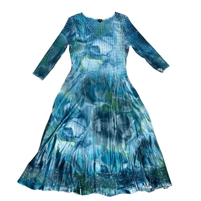 Vestido midi Komarov para mujer turquesa acuarela manga encaje Charmeuse L Foto 1 de 4