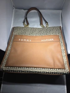 Tommy Hilfiger Brown Monogram Tote Shoulder Bag Purse 14x13 Large Handbag Double - Picture 1 of 7