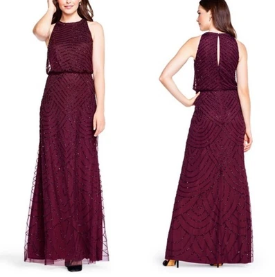 ADRIANNA PAPELL BEADED HALTER GOWN SIZE 8 CASSIS - Image 1 of 2