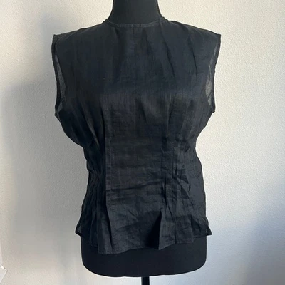 J Crew Pintuck Shell Top In Ramie Womens Size 4 Black  Sheer CK045 - Image 1 of 4