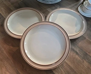 3 Ranmaru Cheshire Dessert Dinner Plates Brown Trim Rustic Farmhouse  - Picture 1 of 5