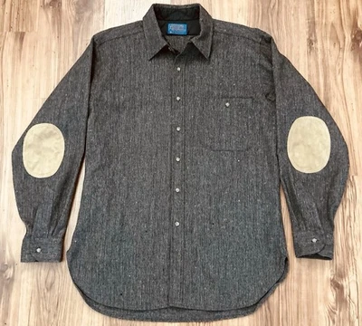 De Colección Años 60 Pendleton Gris Lana Franela Pesada Camisa Chaqueta Chaqueta Codo Parche Grande Foto 1 de 4