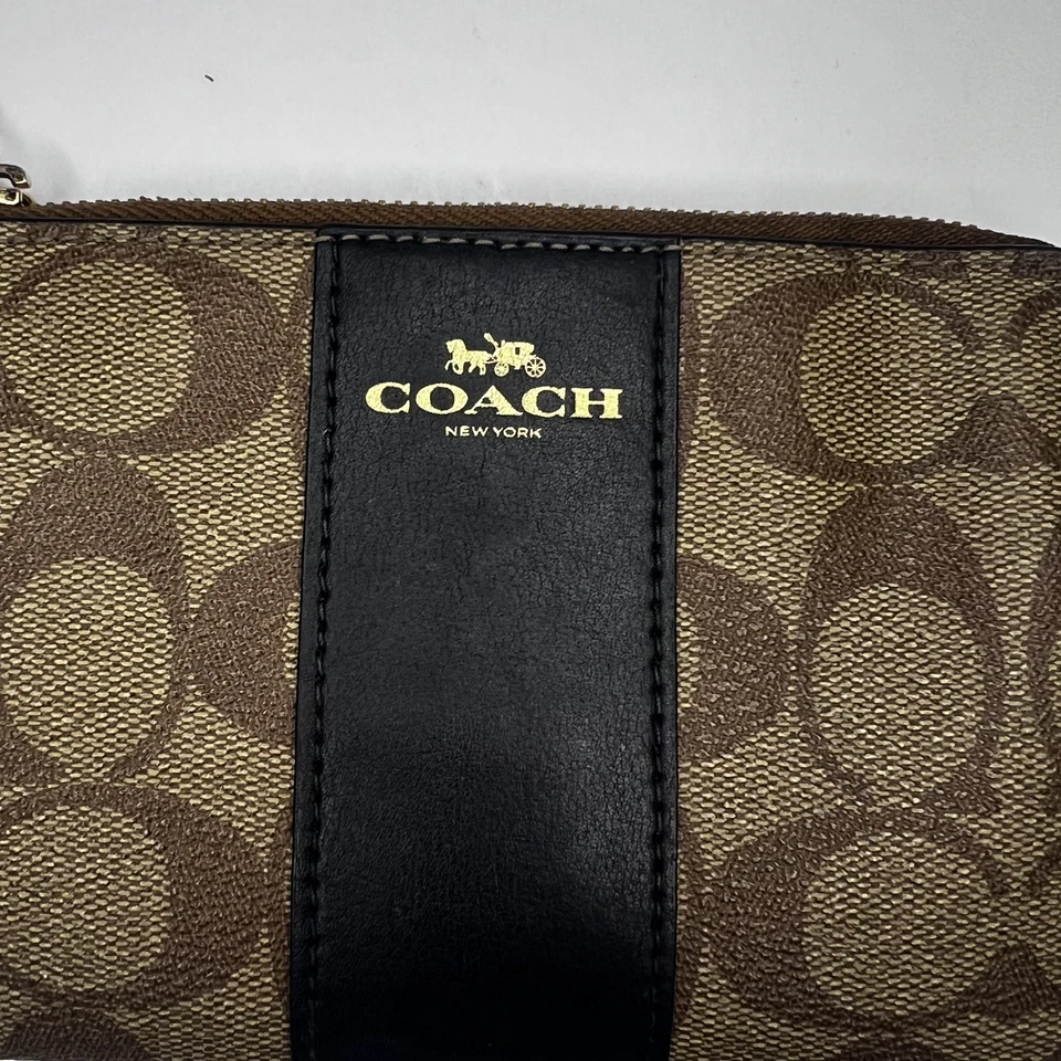 Coach Classic Signature PVC Khaki/Black Leather Corner Zip Wristlet  - Image 1 of 4