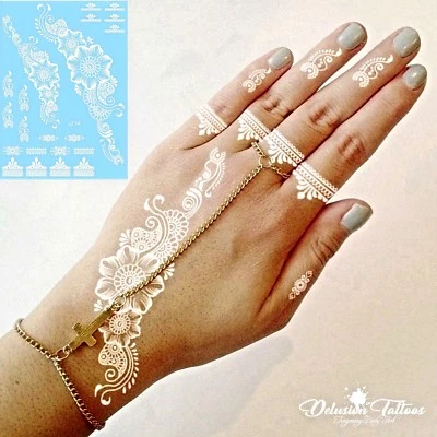 DELUSION TATTOOS TATUAGGIO TEMPORANEO HENNÉ BIANCO, MARGHERITE, FIORI, PIZZO, MANO, PIEDE, DONNA, RAGAZZA
