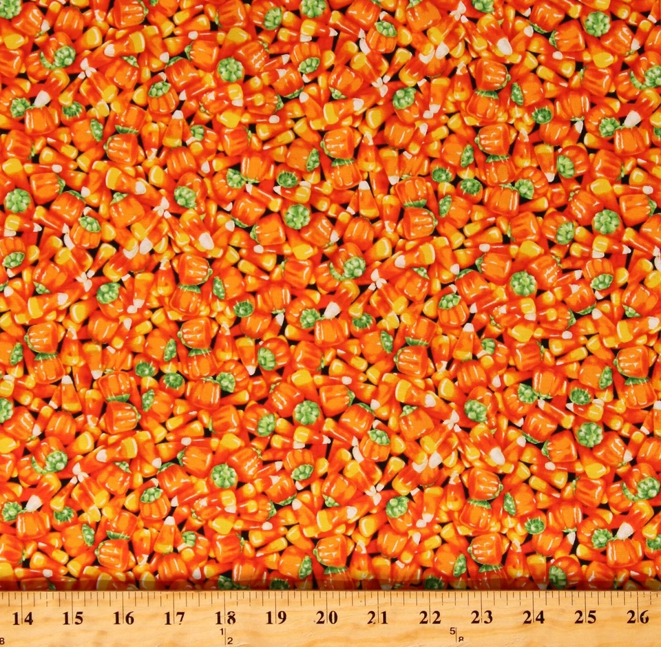 Cotton Candy Corn Pumpkins Halloween Snacks Fabric Print by the Yard D506.68 - Image 1 of 1