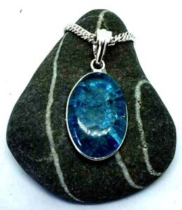 Cool Blue Crackle Quartz Pendant Necklace Lab Cultured Silver Plated Lovely