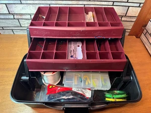 Vintage Flambeau Tackle Box Fold Out 3 Tray Fishing w Fishing Lures & Gear USA - Picture 1 of 8