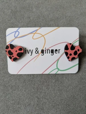 Ivy And Ginger Pink And Black Heat Shaped Animal Print Stud  Earrings New - Image 1 of 2