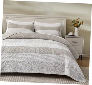Robyn 2-Piece Neutral Taupe Gray White Twin Hibiscus Striped Patchwork Taupe - Picture 1 of 7