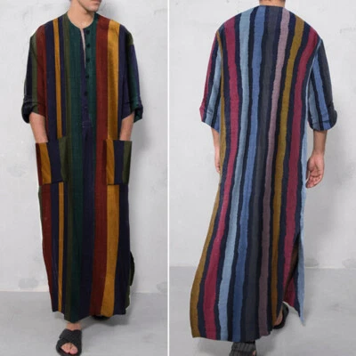 Men Saudi Robe Islamic Arab Kaftan Short Sleeve Dress With Pockets Striped Tops