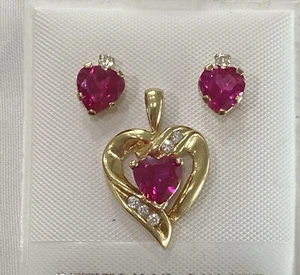Lab Created Ruby & CZ’s 10k Gold Heart Pendant & Stud Earring Set - Picture 1 of 5