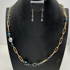 Gold Tone Blue Bead Link Chain Necklace Dangle Earrings Jewelry Set