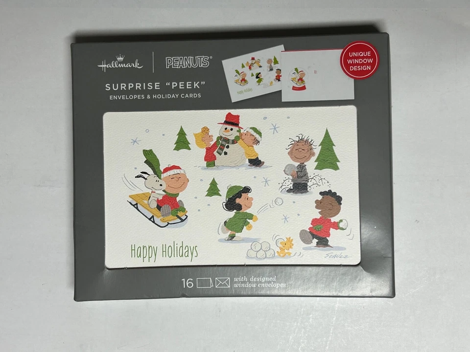XPX1067 Hallmark Peanuts Surprise Peek Happy Holidays Christmas Cards 16 Count