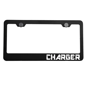 Matte Black License Plate Frame Chrome CHARGER Laser Etched Metal Screw Cap - Picture 1 of 7