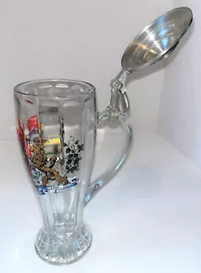 PIEDRA DE CERVEZA de vidrio transparente alto con tapa de peltre y lemas alemanes 1 pinta - Imagen 1 de 11
