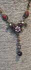Fashion Jewellery Necklace Short Length Bronze Chain  Pink Gem Flowers