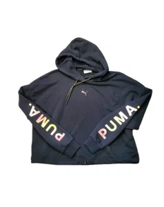 Puma Cropped Medium Black Long Sleeves Sweatshirt Cinch Waist Pink Yellow - Picture 1 of 7