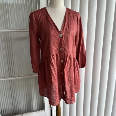 Sussan Linen Blouse Womens 6-8 Rust Orange V-neck 3/4 Sleeve Button Up Top - Image 1 of 4