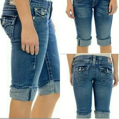 True Religion Women's Sophie Capri Cuffed Medium Wash Bermuda Denim Short  25 - Image 1 of 4