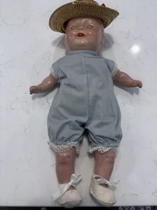 Vintage 40er Jahre Komposition Baby Puppe unmarkiert Spitze Kleid Haube Original - Bild 1 von 11