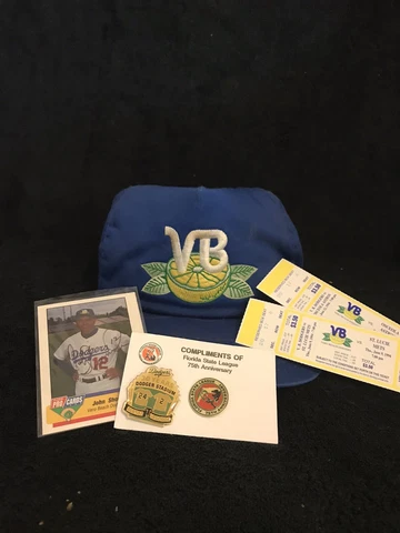 Vintage Vero Beach Dodgers Game Worm Hat Includes Anniversary Pins&Ticket Stubs Cover