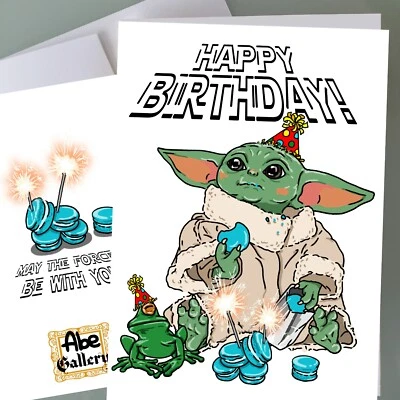ABE GALLERY ART Baby Yoda Birthday Card Star Wars Mandalorian - Funny Birthday Card Boys Fan Art