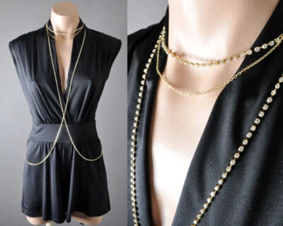 Gold Metal Necklace Crossover Body Chain Rhinestone Summer Beach Bikini Jewelry - Image 1 of 4