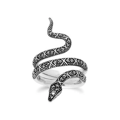 Art Nouveau Stile Rotondo Marcasite Serpente Anello IN 925 Argento Sterling - Immagine 1 di 4