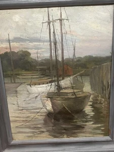 Antique Oil on Canvas Artwork of Harbor Scene Unsigned - Picture 1 of 10