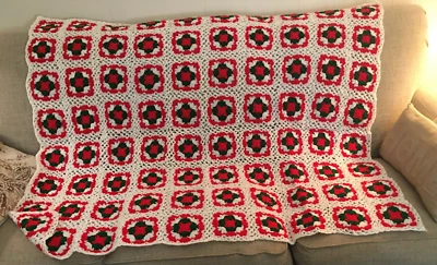 Handmade Christmas Colors  Red, Green and White Lacy Square Granny Throw - Image 1 of 3