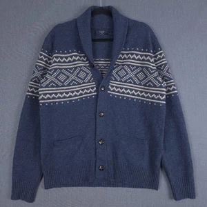 J Crew Cardigan Sweater Mens Medium Blue Lambswool Fair Isle Shawl Collar B3981 - Picture 1 of 8