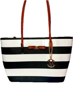 Mia Farrow Black White Striped Tote Bag Gold Charm Bow Accent Faux Leather - Image 1 of 4