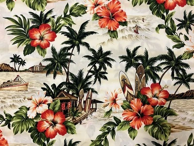 Tecido floral havaiano antigo 3 jardas madeira retrô pranchas de surf hibisco flores algodão - Imagem 1 de 4