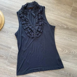 The Limited Navy Blue Ruffle Top Blouse 2010's Minimalist Capsule Wardrobe Chic - Picture 1 of 7