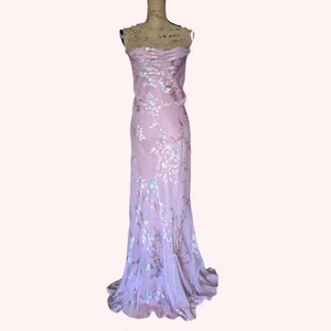 90s Y2K Monsoon Long Bias Cut Pink & Blue Cherry Blossom Dress UK 16/18 (US 14) - Picture 1 of 13